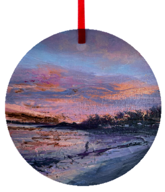 First Light Swimmers at Helens Bay under a gold sky - Ceramic Circle Ornament