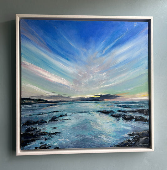 Vibrant sky looking over towards Portstewart Strand - Original acrylic artwork, 20 x 20 inches, framed