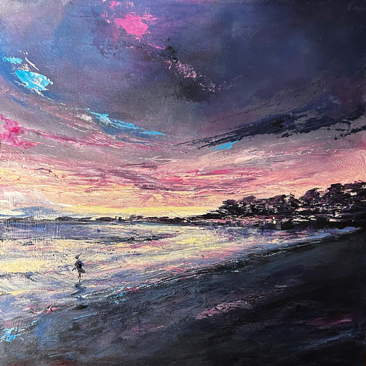 Painting of a sea swimmer walking out of the water at dawn Helens Bay with purple and yellow skies.