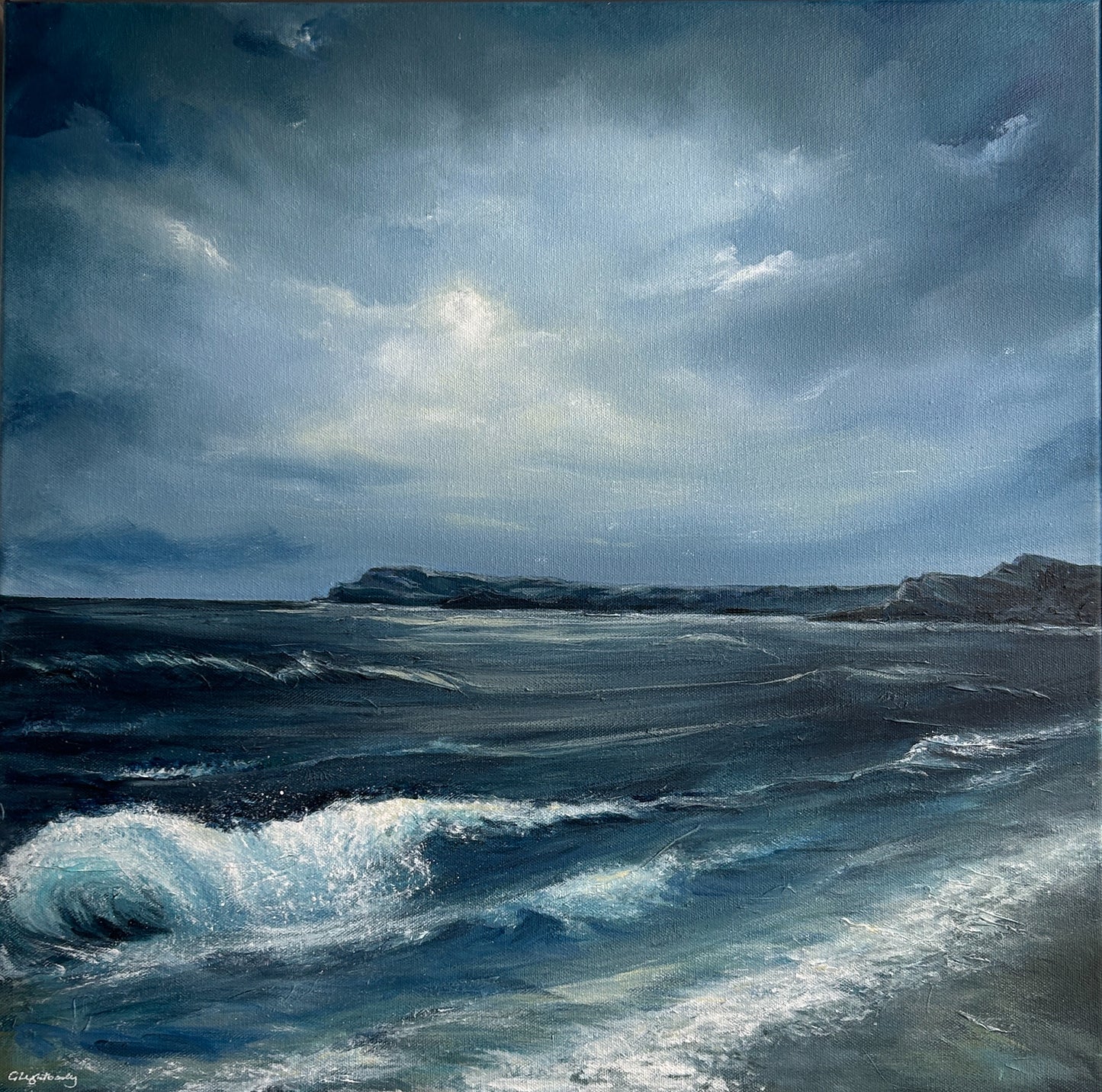 Acrylic painting of a moonlit sea with dark clouds and waves. East Strand, North Coast. Glimmer of moonlight