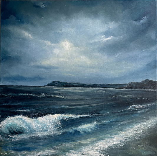 Acrylic painting of a moonlit sea with dark clouds and waves. East Strand, North Coast. Glimmer of moonlight