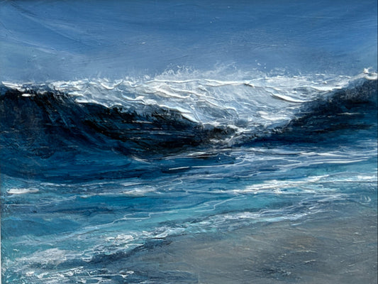 Acrylic  painting of turbulent ocean waves with a dark blue sky.