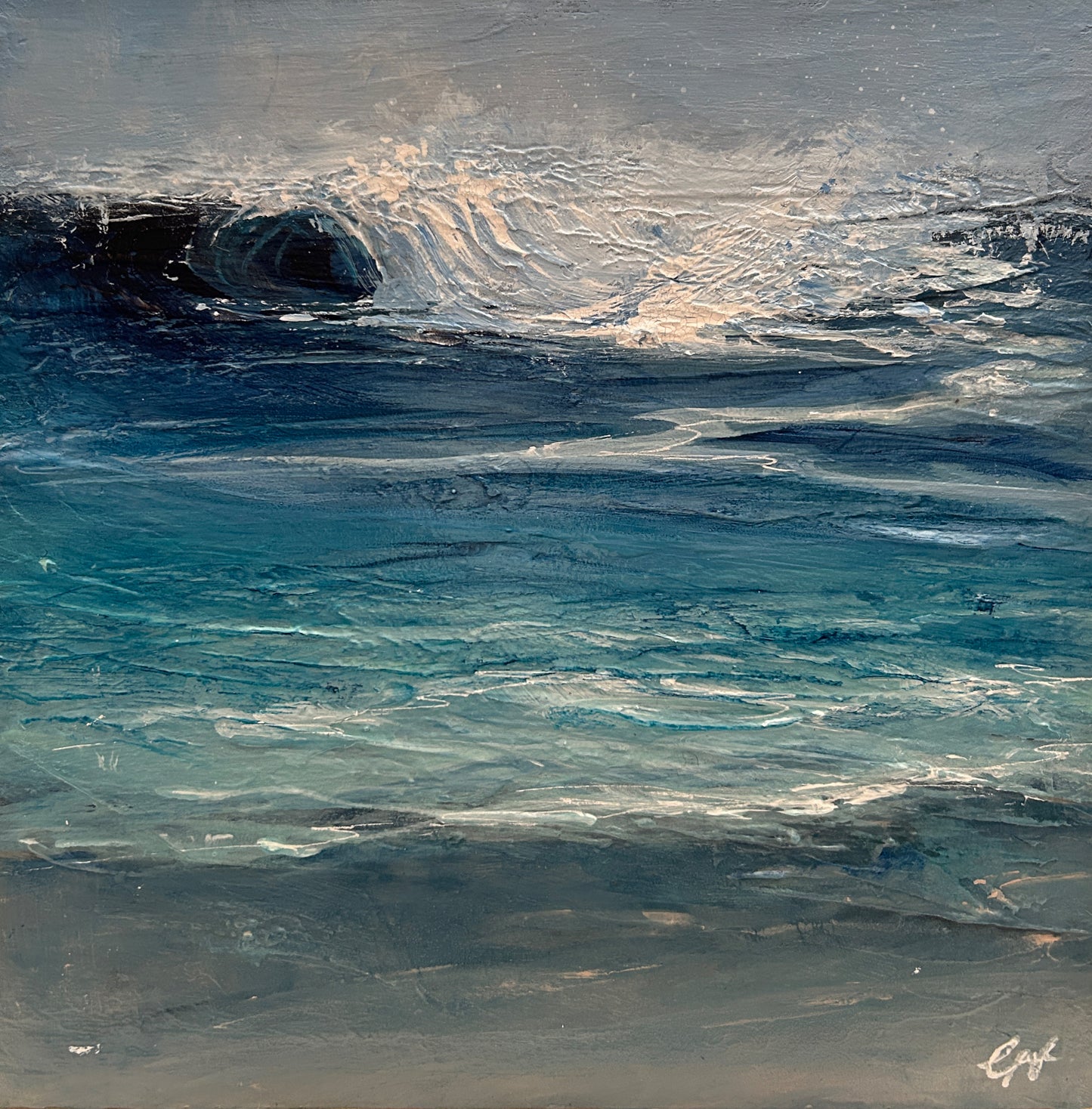 Oil painting of a stormy sea with dark waves and light foam.