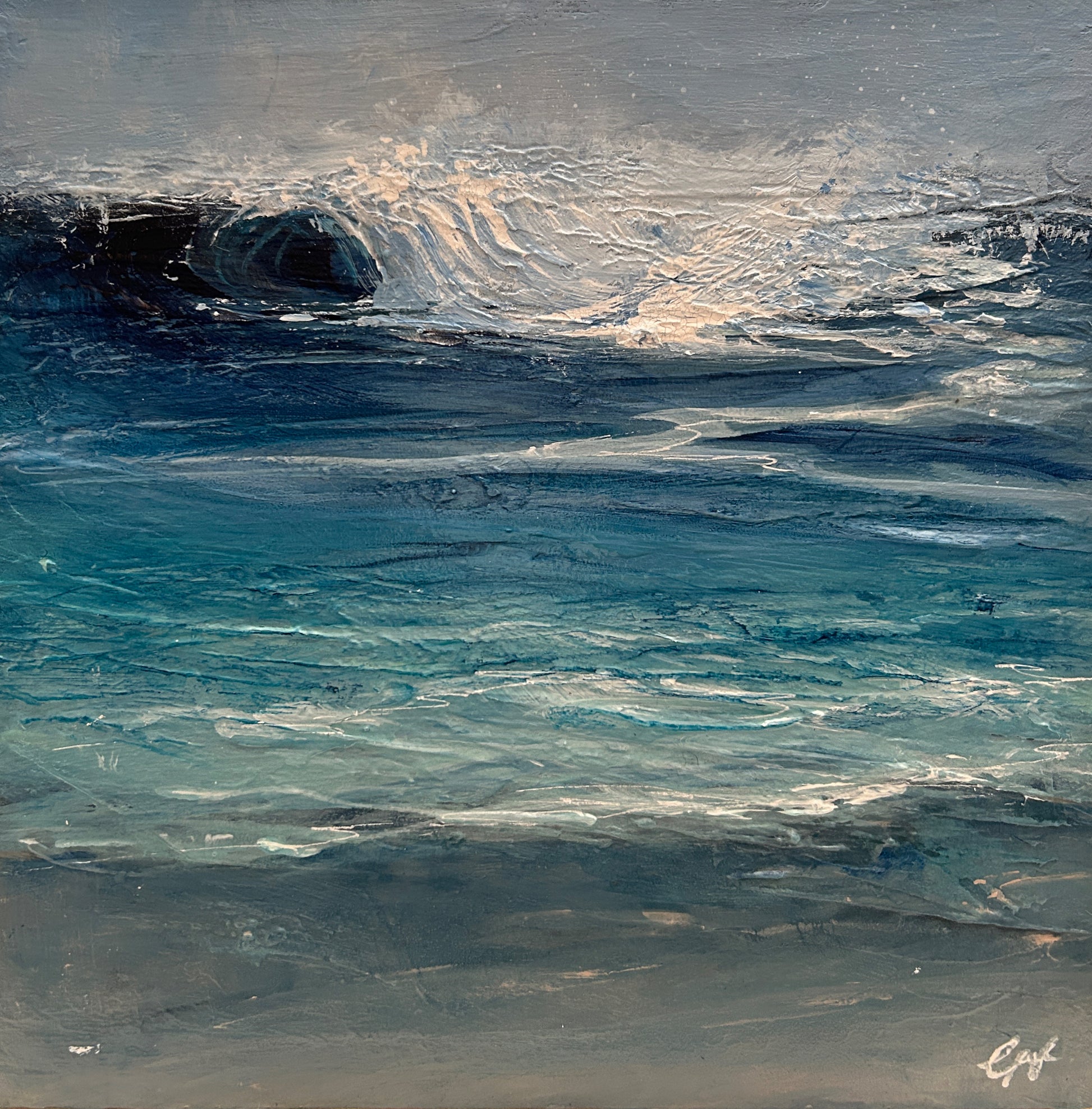 Oil painting of a stormy sea with dark waves and light foam.