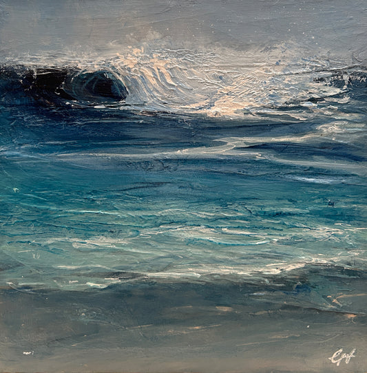 Oil painting of a stormy sea with dark waves and light foam.