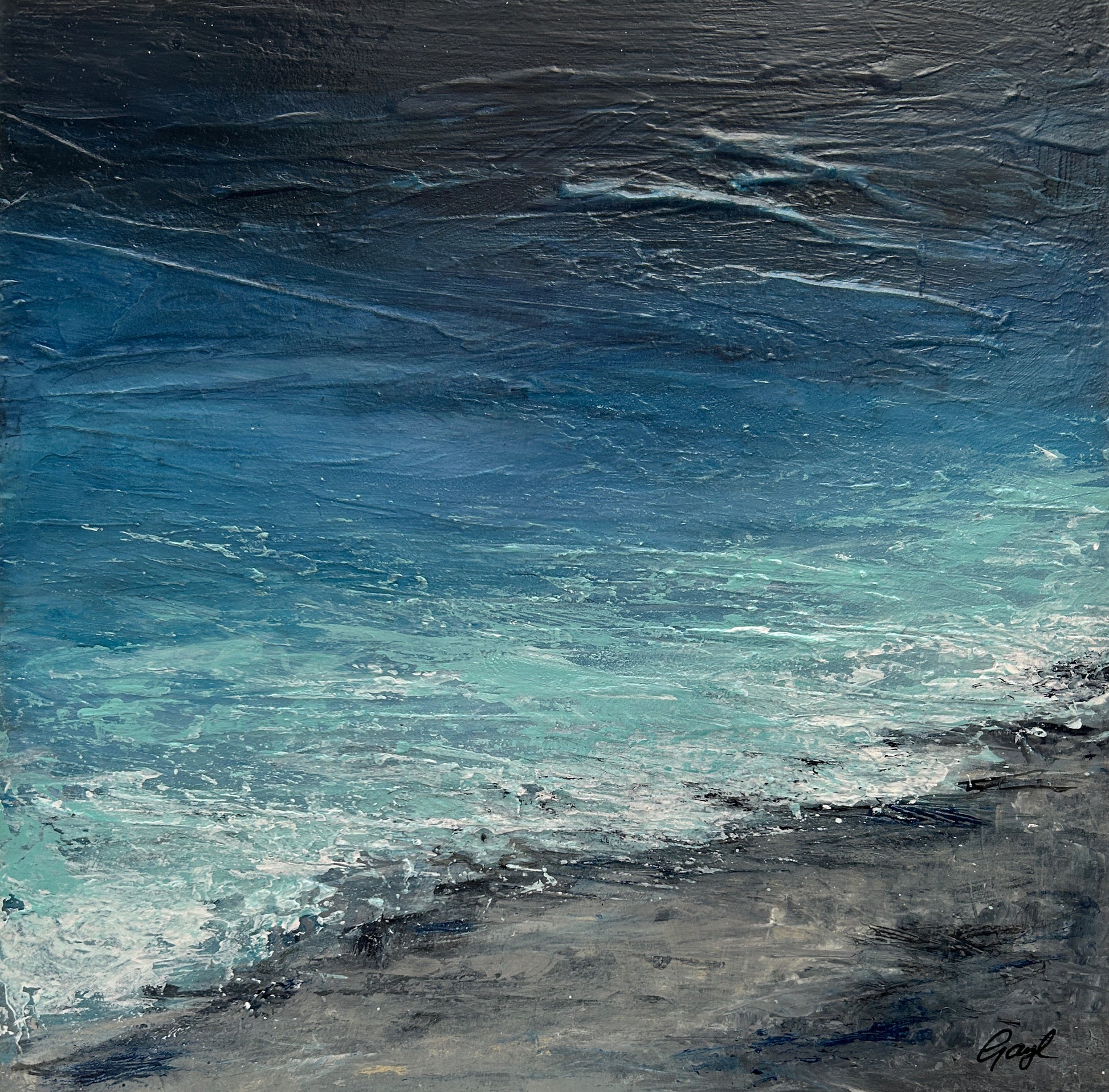 Abstract painting of a seascape with blue and gray tones