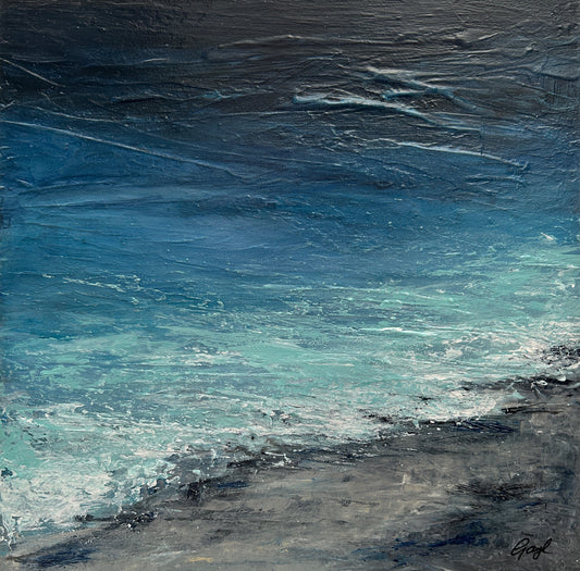 Abstract painting of a seascape with blue and gray tones