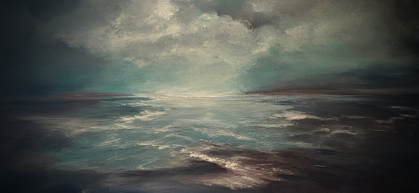Glimmer - Where the sea holds its breath, original acrylic painting on canvas, 40 x 50 cm (16 x 20 inches) framed