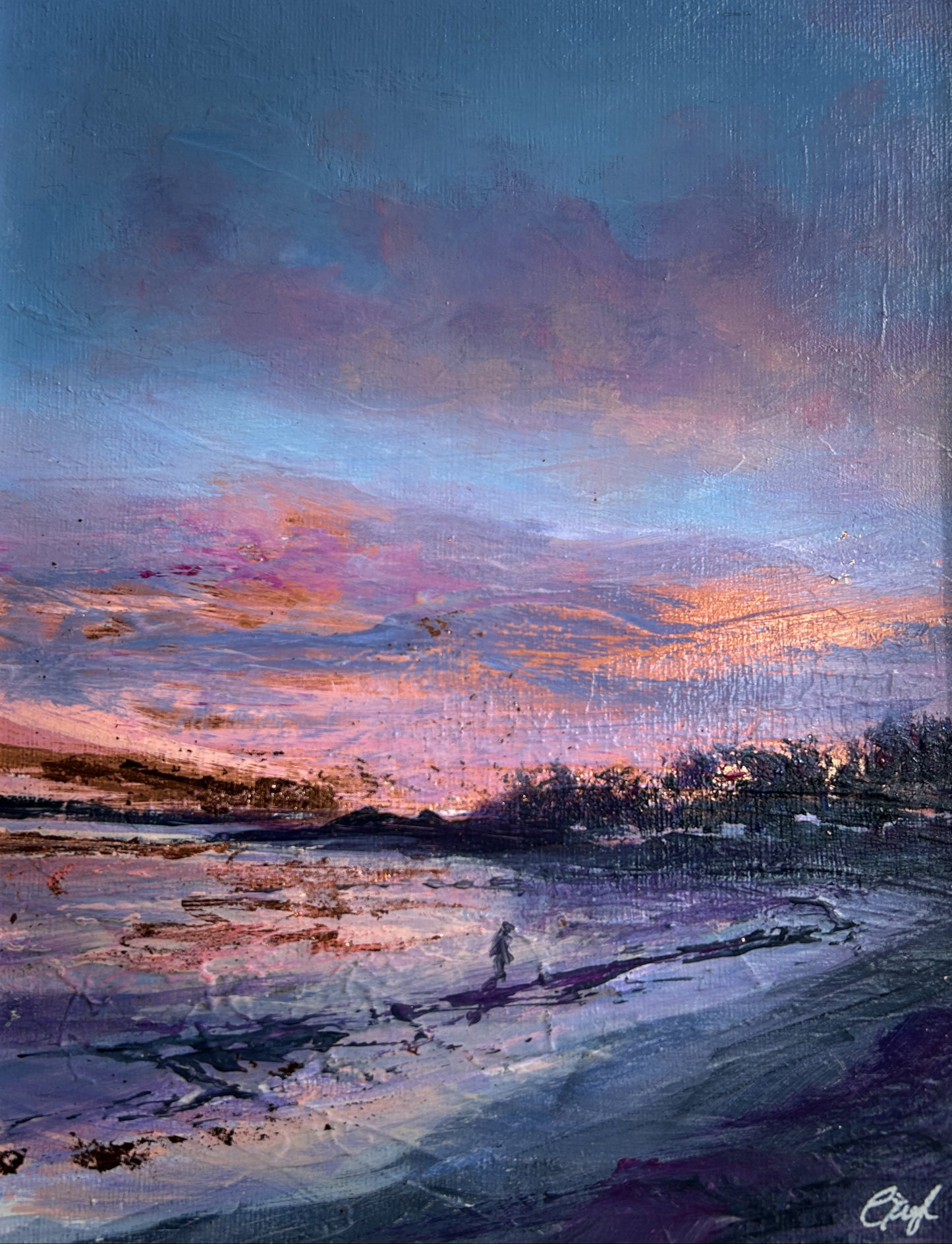 Painting of a seascape at Helens Bay with a swimmer walking out of the water at sunrise