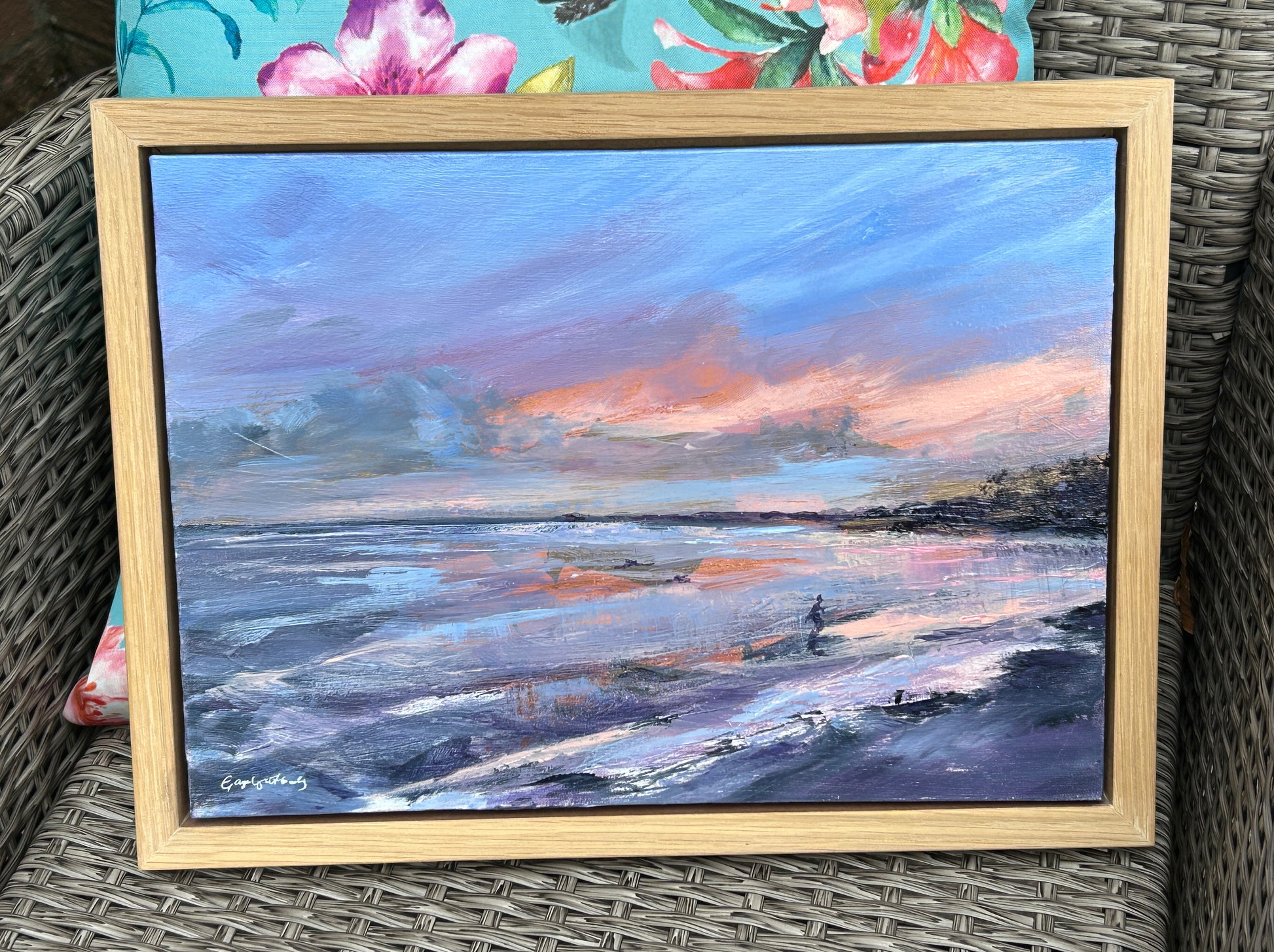 Framed painting of a sea swimmer coming out of the water in Helens Bay - sunrise