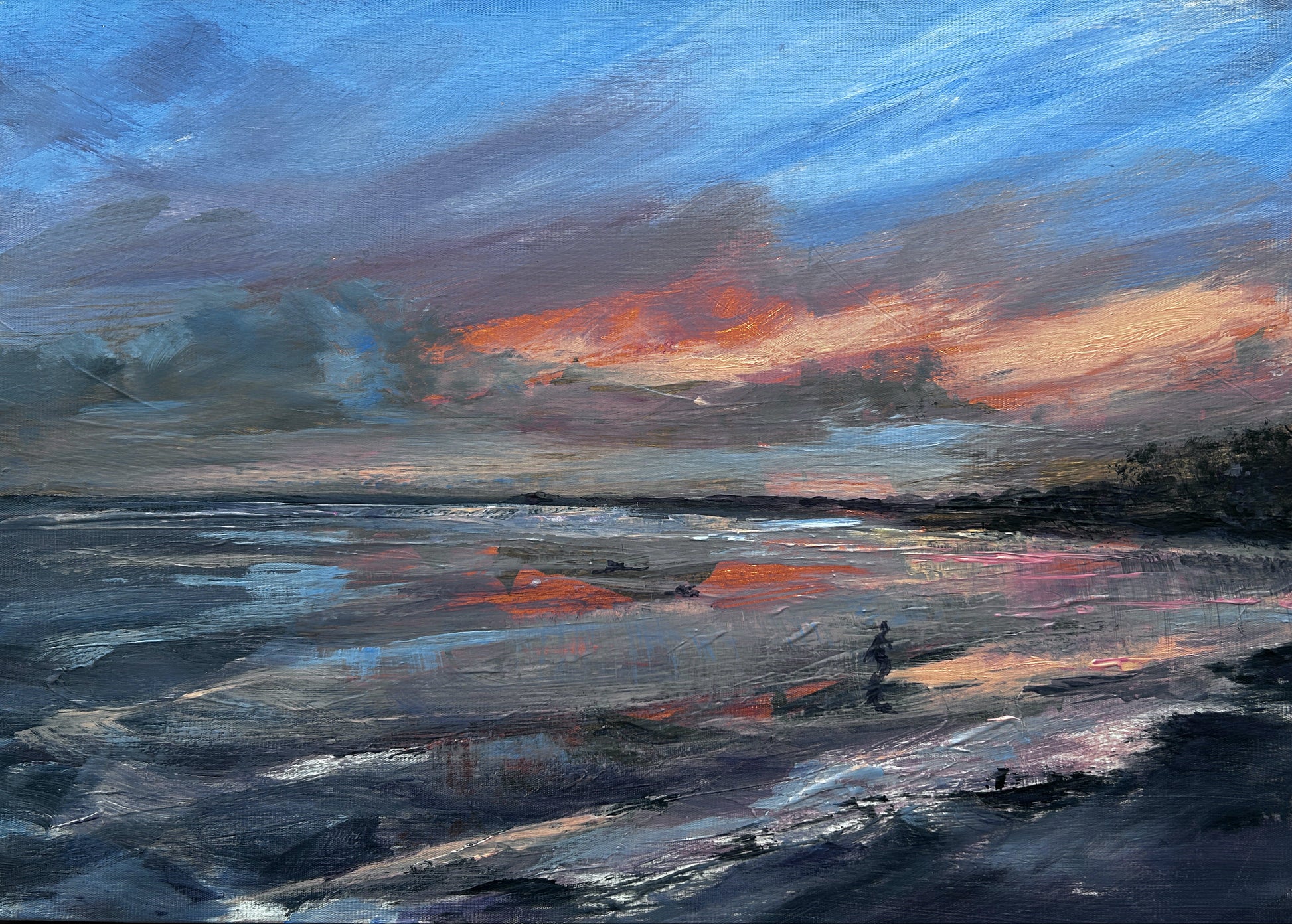 Framed painting of a sunset over water with a wooden frame. Sea swimmer coming out of he water Helen's Bay at Dawn