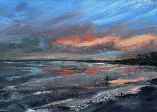 Framed painting of a sunset over water with a wooden frame. Sea swimmer coming out of he water Helen's Bay at Dawn