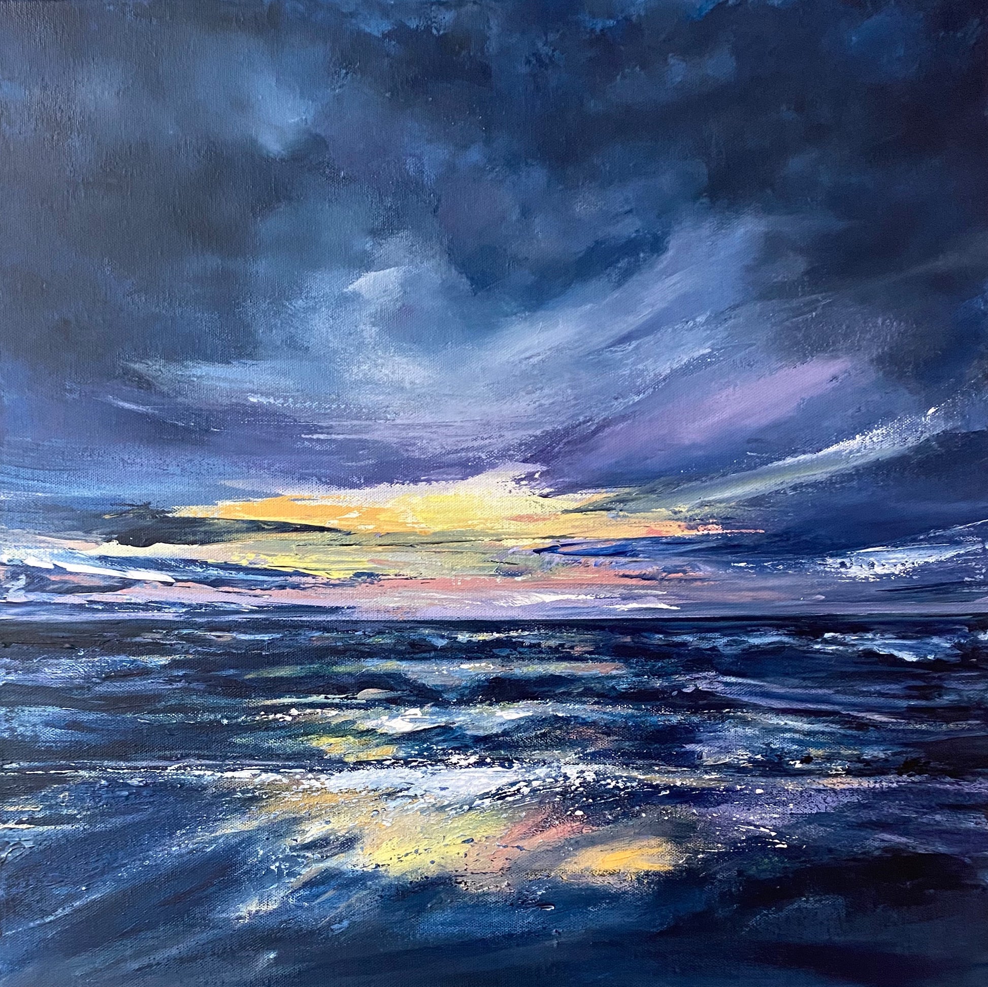 Painting of a stormy sea with a colourful sunset sky highlighting the bright light still peaking through the dark purple sky - seascape painting