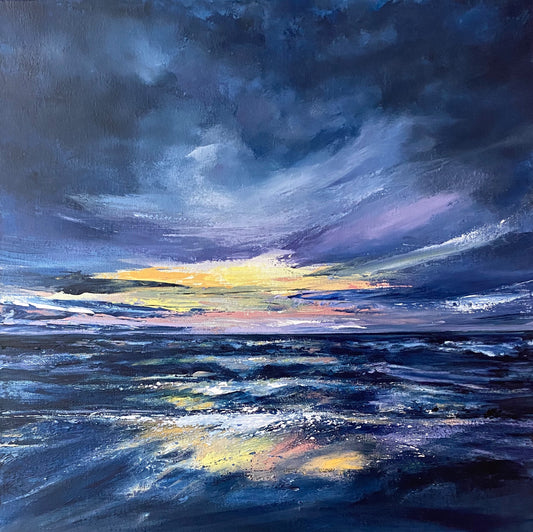 Painting of a stormy sea with a colourful sunset sky highlighting the bright light still peaking through the dark purple sky - seascape painting