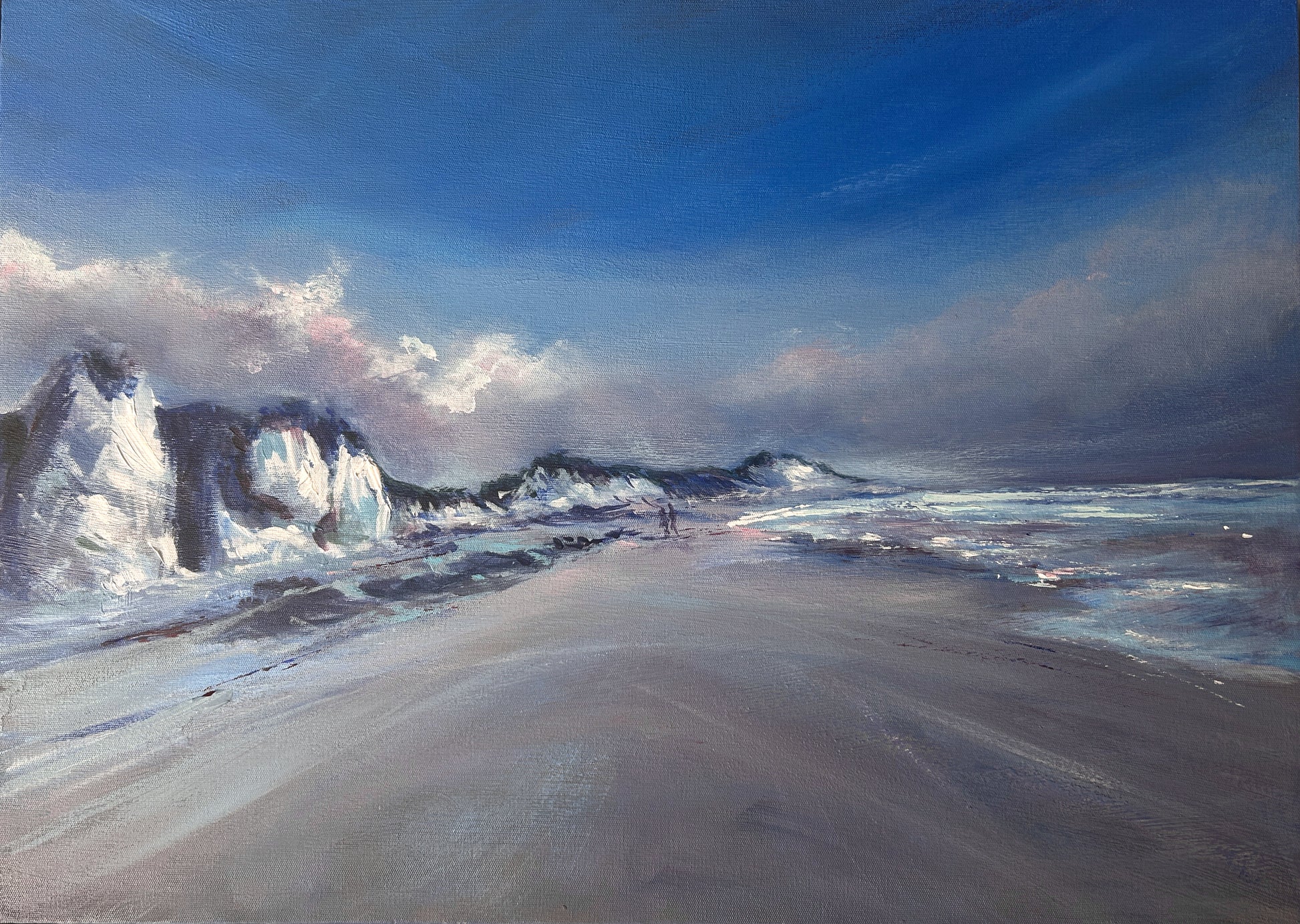 Painting of a Whiterocks beach scene with cliffs and waves under a blue sky.